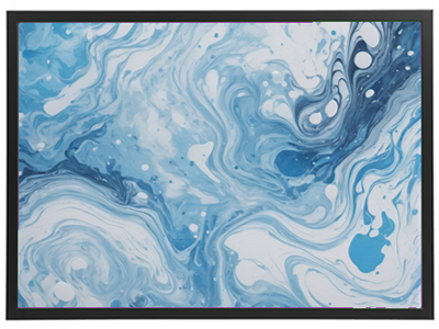 Et farverigt abstrakt maleri med bløde blå nuancer og svungne mønstre.
