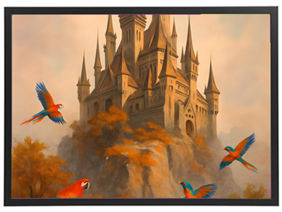 Et majestætisk slot på en klippe omgivet af farverige papegøjer i en drømmende landskab.