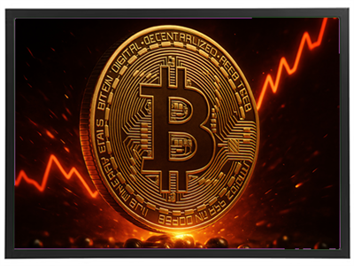 Billedet viser en Bitcoin-mønt med stigende markedsgraf i baggrunden.