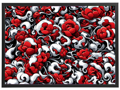 Et detaljeret mønster af røde roser og hvide skyer på en sort baggrund.