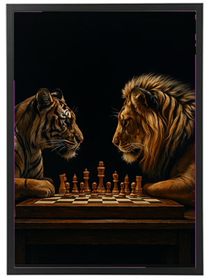 Et dramatisk billede af en tiger og en løve, der spiller skak mod hinanden.