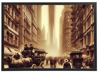 Et gammelt gadebillede med hestevogne og bygninger, der viser en bys liv i fortiden.