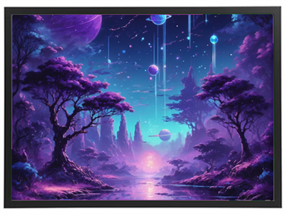 En surrealistisk naturscene med farverige træer, planeter og en lysende horisont.