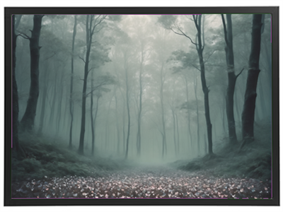 Et stille skovlandskab dækket af tåge, med blomster på stien og høje træer omkring.