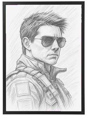 En skitse af en soldat iført solbriller og militærjakke, med et beslutsomt udtryk.