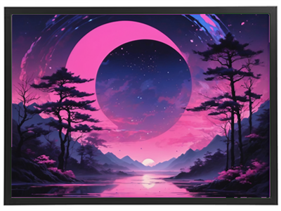 Et surrealistisk landskab med en stor rosa måne, mørke bjerge og træer, der reflekteres i vandet.