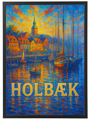 Farverig maleri af Holbæk med både og en smuk solnedgang over vandet.