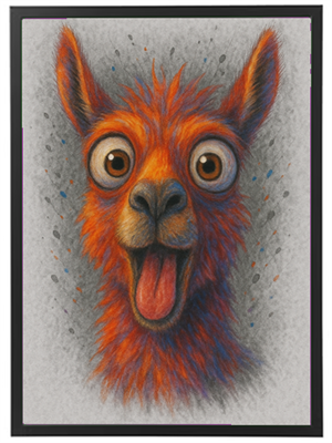 En tegning af en lama med en livlig orange pels og store, udtryksfulde øjne.