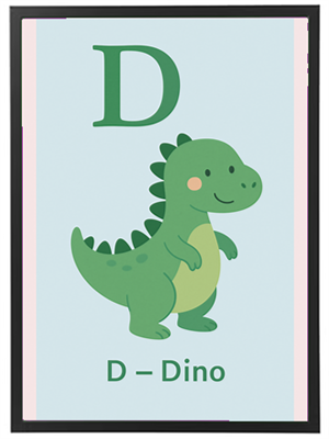 Et farverigt kort med en sød dinosaur og bogstavet D til læring.