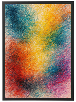 Et abstrakt billede med en blanding af farver, der skaber en dynamisk og energisk stemning.