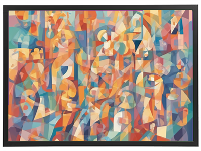 Et farverigt abstrakt maleri med geometriske former og menneskelige silhuetter.