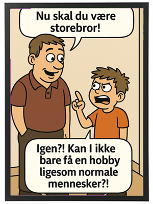 En far taler med sin søn, der er frustreret over at skulle være storebror.
