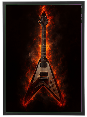 En elektrisk guitar med flammende effekter i baggrunden, der skaber en dramatisk atmosfære.