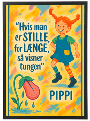Illustration af Pippi Langstrømpe med et citat om stilhed og tunger.