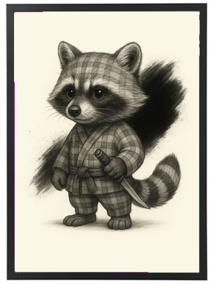 En charmerende illustration af en ræv iført en kimono, der holder en kniv.