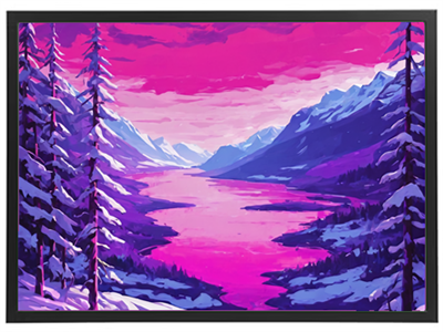 Et farverigt og stiliseret bjerglandskab med en pink og lilla solnedgang over en sø.