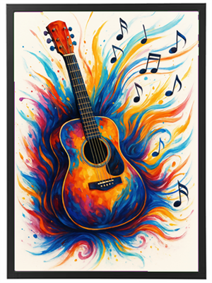 Et kunstværk af en guitar omgivet af farverige flammer og musiknoter.