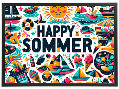 Et livligt og farverigt billede med elementer fra sommeraktiviteter, såsom bådsejlads, sol, is og strand.