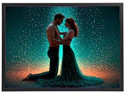 Et par danser tæt sammen i en glitrende atmosfære, omgivet af lys og farver.