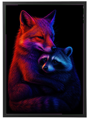 Et kunstnerisk billede af en ræv og en vaskebjørn, der krammer i stærke farver.