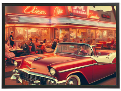 En farverig retro diner med en klassisk bil parkering foran, omgivet af mennesker i vintage tøj.