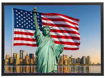 Et billede af Frihedsgudinden foran det amerikanske flag og en bysilhuet.