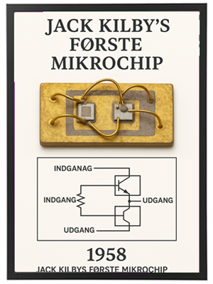 Billedet viser Jack Kilbys første mikrochip sammen med en skematisk tegning.