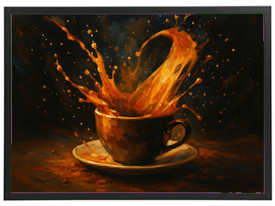 Et maleri af en kaffekop med en dramatisk sprøjt af kaffe, der sprøjter ud.
