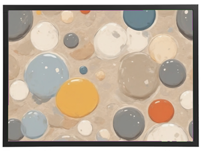 Et abstrakt billede med farverige bobler i forskellige størrelser på en sandfarvet baggrund.