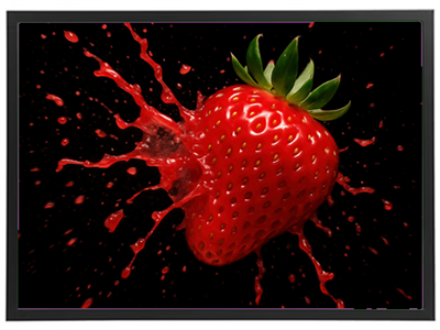 Et billede af et jordbær, der sprøjter saft i alle retninger mod en sort baggrund.