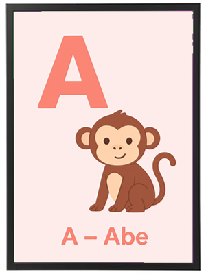 Et farverigt billede af en abe med bogstavet A til at hjælpe børn med at lære alfabetet.