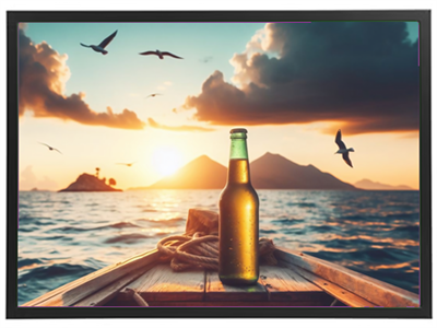 En ølflaske står på en båd med en smuk solnedgang og fugle i baggrunden.