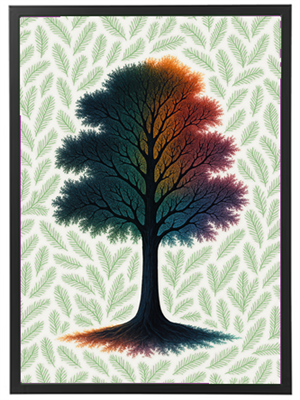 Et stiliseret træ med farverige grene på en baggrund af grønne blade.
