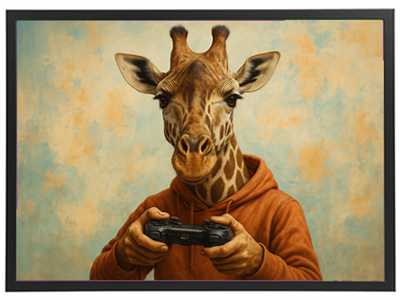 Et maleri af en giraf med menneskelige træk, der spiller videospil.