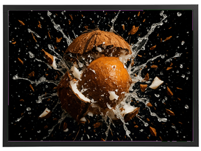 Et dramatisk billede af en kokosnød, der eksploderer med vand og skaller sprøjtende ud.