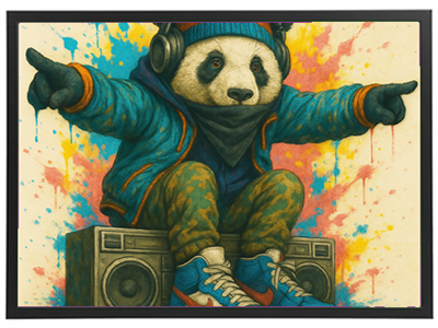 En farverig illustration af en panda iført hovedtelefoner og sporty tøj, der danser.