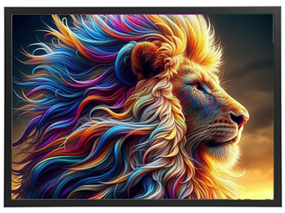 En kunstnerisk fremstilling af en løve med en farverig og bølget manke, der stråler i solnedgangen.