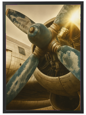 Nærbillede af en gammel flymotor med slidt propeller og sollys i baggrunden.