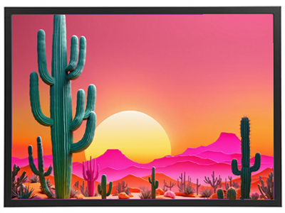 Et malerisk ørkenlandskab med kaktusser og en spektakulær solnedgang i baggrunden.
