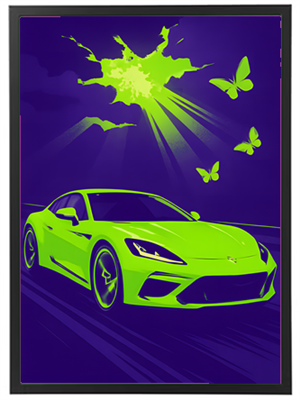 En stiliseret illustration af en grøn sportsvogn, omgivet af farverige elementer som sommerfugle og lysstråler.