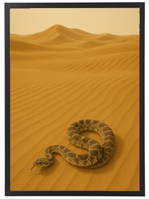 En slange ligger på de bølgende sandklitter i en gylden ørkenlandskab.