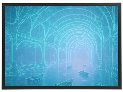 En futuristisk, lysende kanal med båd, omgivet af geometriske former og bløde nuancer.