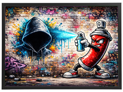 Et farverigt graffiti-motiv med en spraydåse, der sprayer farve mod en skyggefuld figur.