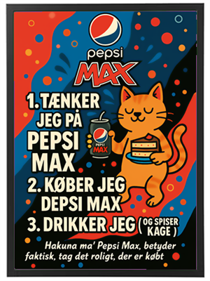 En farverig reklame med en kat, der holder en Pepsi Max og spiser kage.