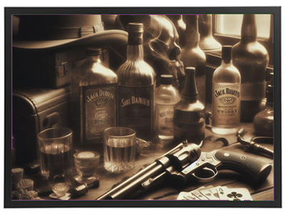 Et stemningsfuldt billede med en revolver, spillekort og whiskyflasker, der skaber en atmosfære fra det vilde vesten.