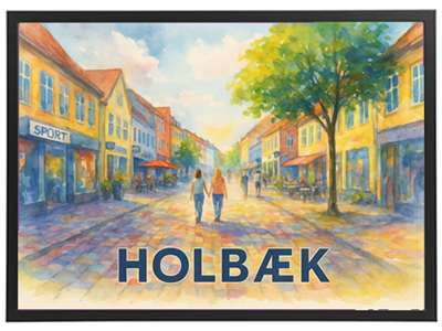 En farverig akvarel, der skildrer en livlig gade i Holbæk med mennesker og butikker.
