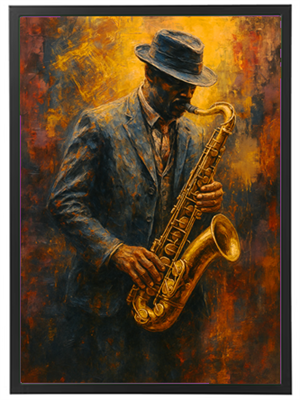 Et maleri af en mand i hat, der spiller saxofon, omgivet af varme farver.