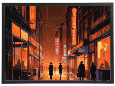 Et dramatisk bybillede med silhuetter af personer i en gade oplyst af neonlys.
