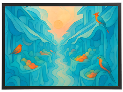 En surrealistisk illustration af et marked med farverige frugter og fugle i en blålig tone.