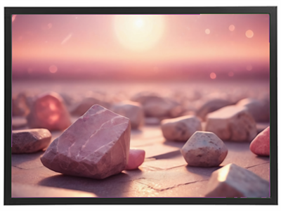 Et smukt landskab med rosa sten på en sandet overflade, oplyst af en solnedgang.